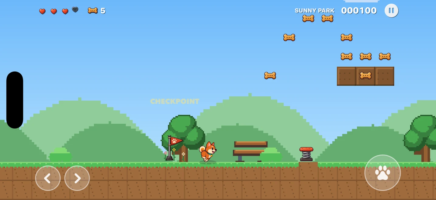 Comet running through Sunny Park past a checkpoint flag, biscuits floating above a bench and a spring.