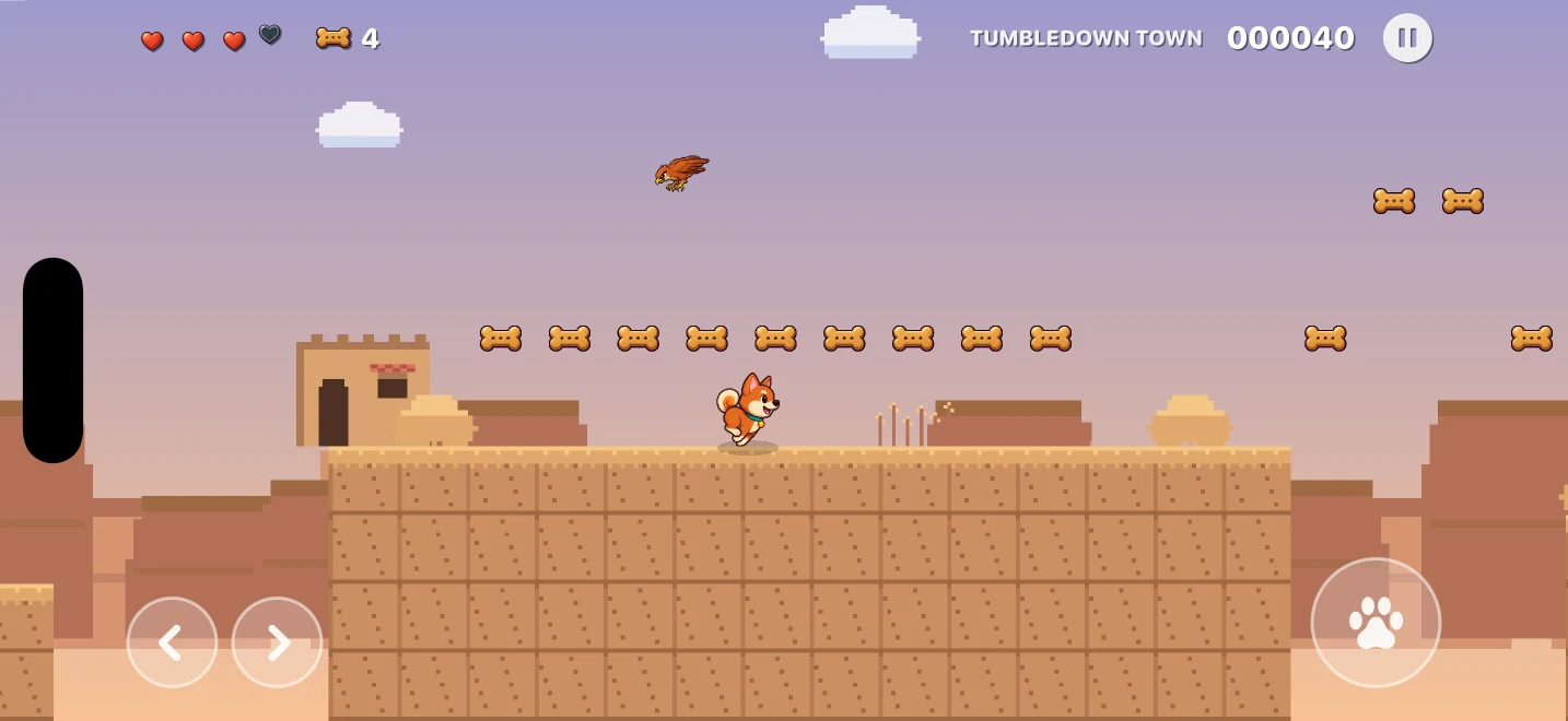 Comet running the rooftops of Tumbledown Town under a dusk sky, a trail of biscuits overhead and a duneswooper circling above.