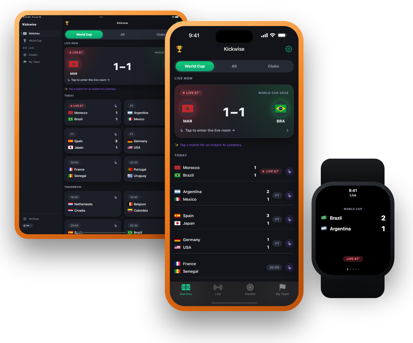 Kickwise running on iPhone, iPad and Apple Watch